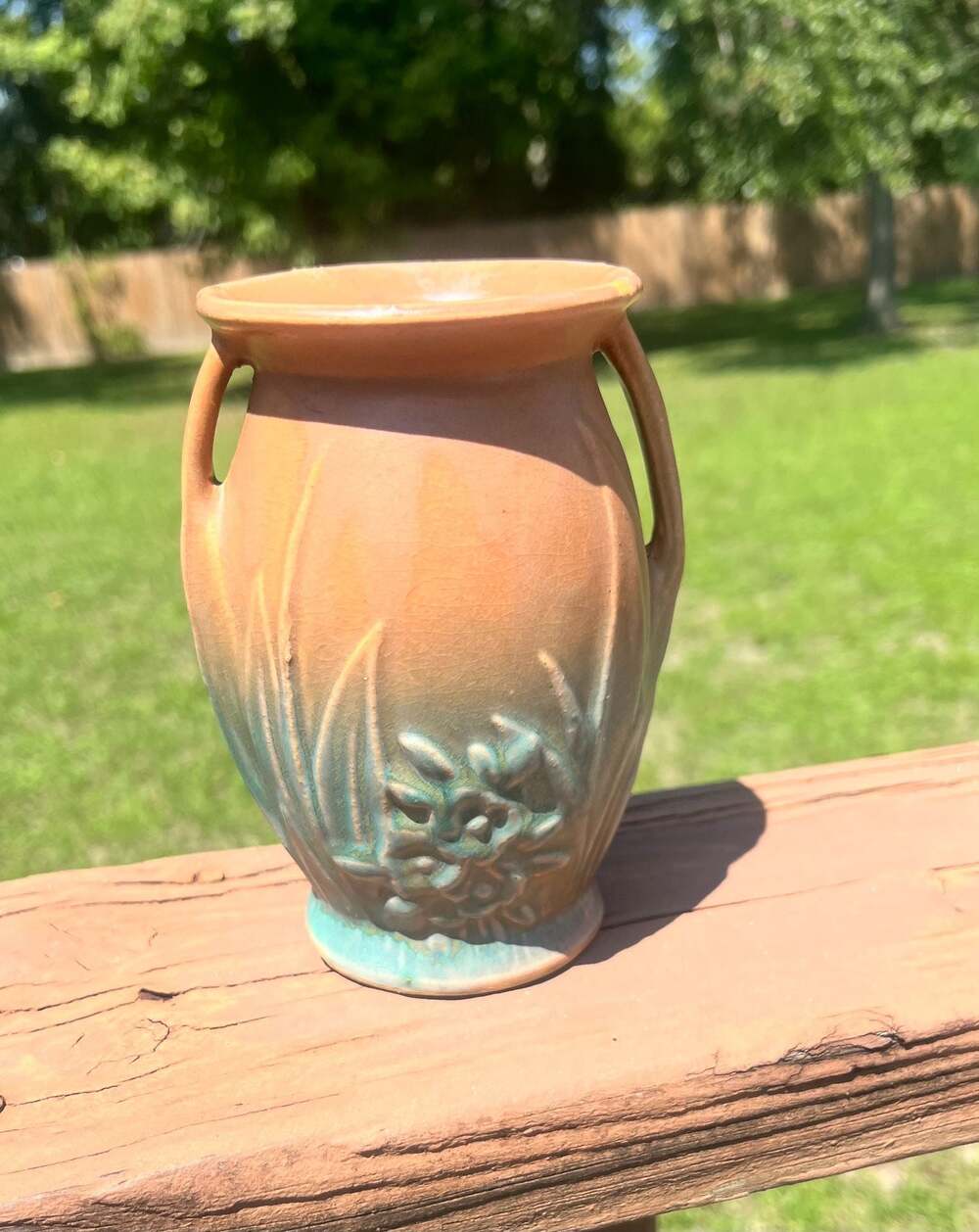 Vintage McCoy Pottery Matte Glaze Two-Handled Vase With Leaves And Berries Brown